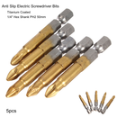 5pcs 50mm Titanium Coated 1/4 Inch Hex Shank PH2 Magnetic Anti Slip Electric Screwdriver Bit Set