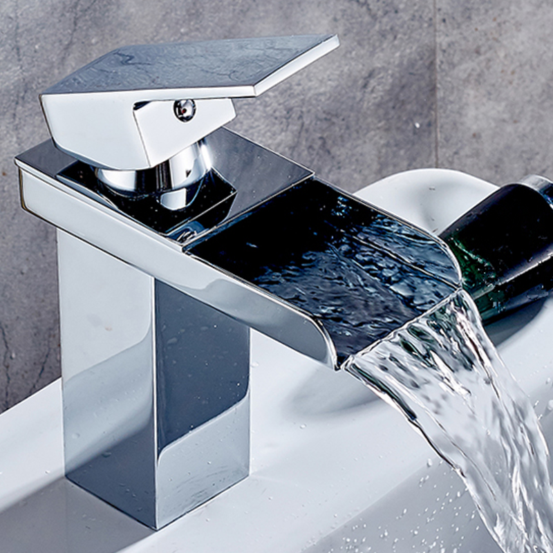 Chrome One Handle Waterfall Tap Bathroom Basin Sink Faucet Square Mixer Hot&Cold Tap