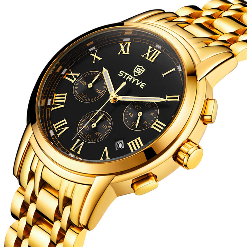 STRYVE S9601 Luminous Display Fashion Stainless Steel Strap Zinc Alloy Case 24hours Display Men Quartz Watch