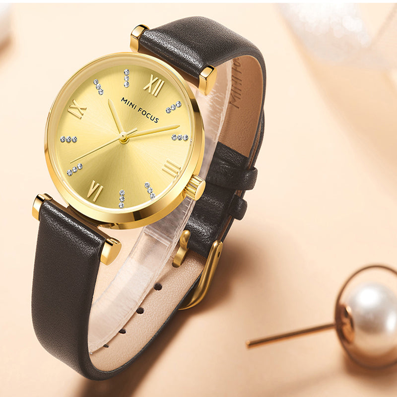 MINI FOCUS 0335L Fashion Zircon Decoration Women Watch Waterproof Genuine Leather Strap Quartz Watch