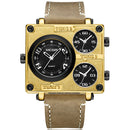 MEGIR 2069 Square Dial Multi Time Zone Genuine Leather Retro Fashion Men Watch Quartz Watch