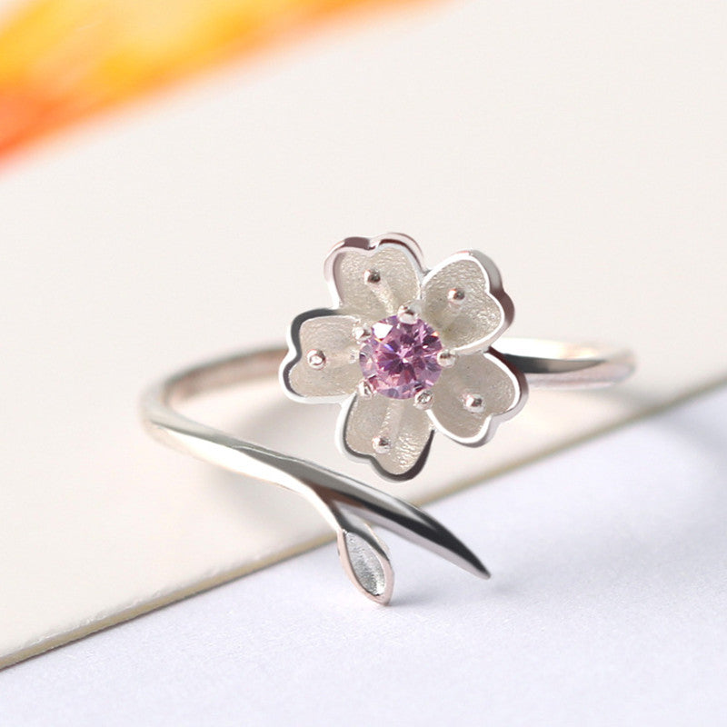 925 Sterling Silver Women Ring Purple Rhinestone Flower Charm Adjustable Open Ring for Women