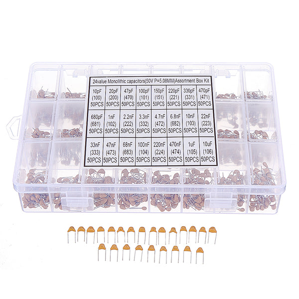 1200pcs 24 Values 50V 10pF-10uF Monolithic Ceramic Capacitor Assorted Kit