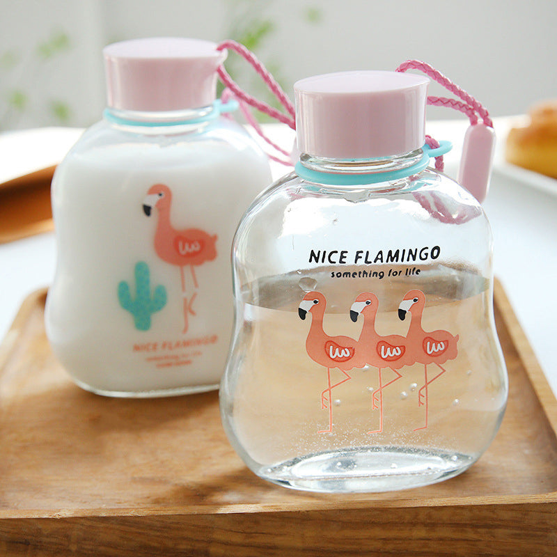 Portable Cup Lovely Flamingo Pattern Glass Cup Children Favorite Water Bottle Glass Cup