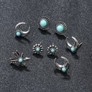 Ethnic Double Arrow Turquoise Earring Set Vintage Silver Hollow Moon Turquoise Stud Earrings