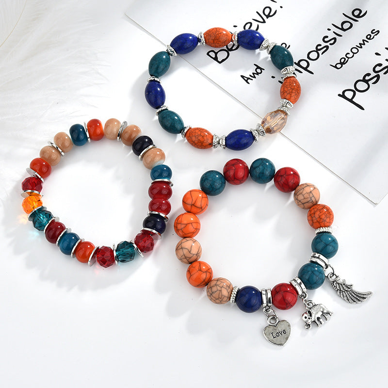 Bohemian Multilayer Tassel Beaded Bracelet Ethnic Wings Elephant Heart Colorful Pendant Bracelet