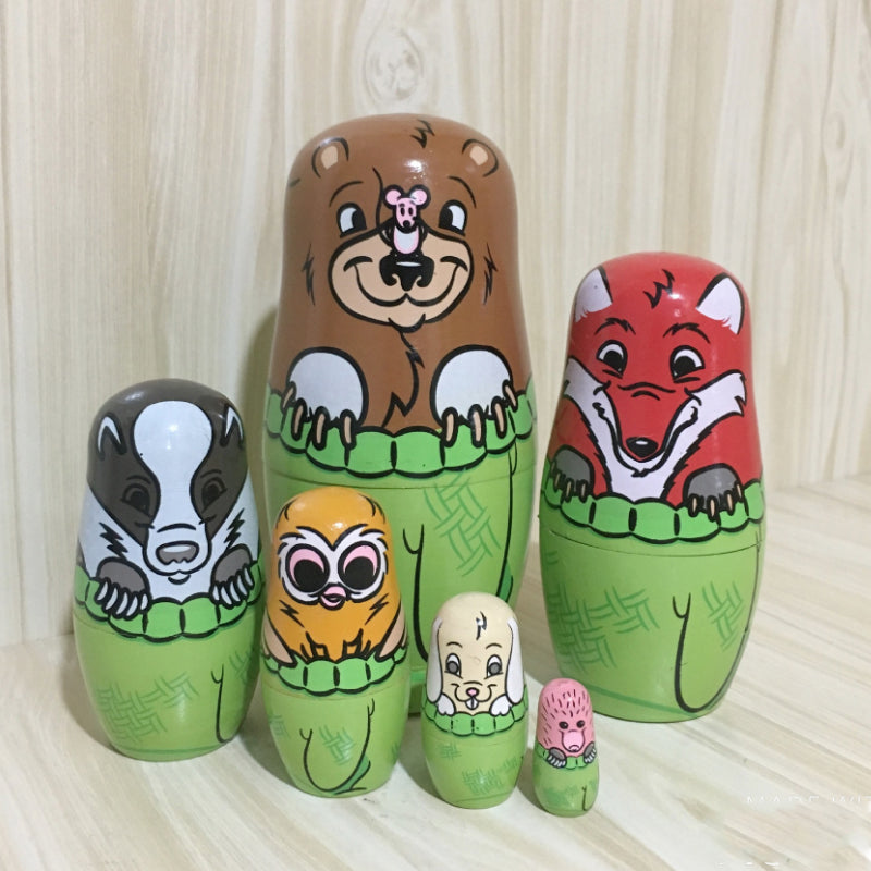 6Pcs/Set Wooden Animals Hand Painted Russian Nesting Dolls Matryoshka Dolls Toys Home Decorations