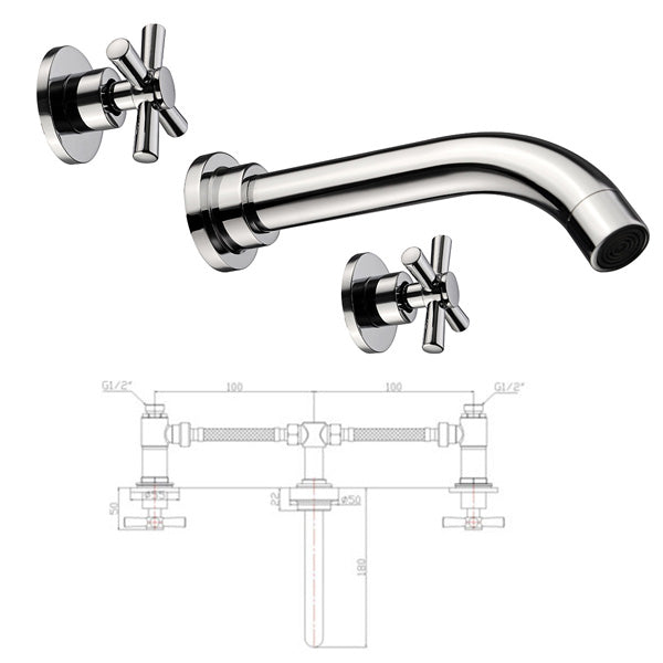 Chrome Brass Modern Wall Mounted 3 Hole Bath Faucet Tap