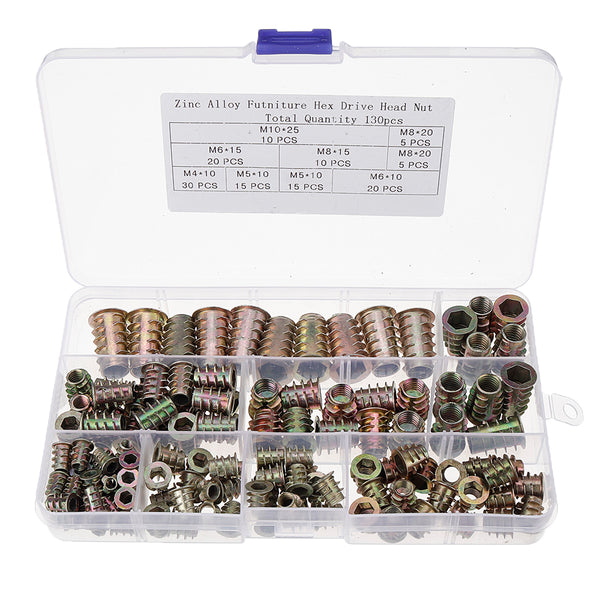 Suleve MXZN4 130Pcs M4-M10 Zinc Alloy Furniture Hex Drive Head Nuts Threaded Insert Nut Assortment Set