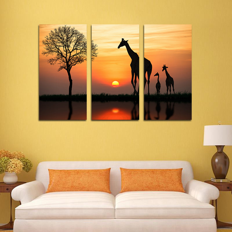 Miico Hand Painted Three Combination Decorative Paintings Giraffe In The Sunset Wall Art For Home Decoration