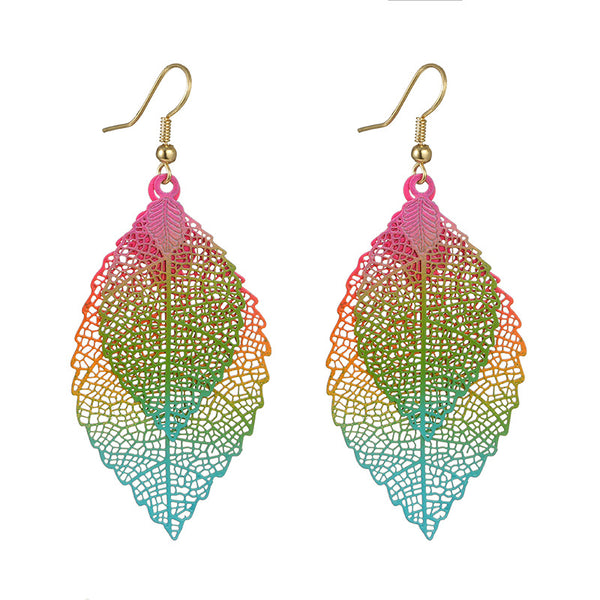 Ethnic Statement Colorful Double Layer Leaf Drop Earring Boho Piercing Dangle Earrings for Women