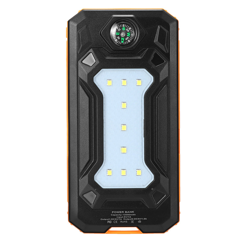 12000mAh Solar Power Bank Battery Fast Charger Dual USB SOS LED Light Compass