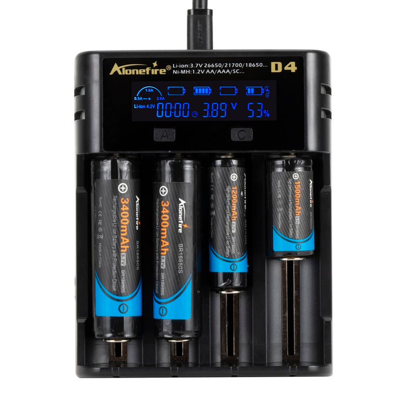 Alonefire D4  4slots 2A LCD Screen Display Smart Charger for 18650 26650 21700 Universal Battery USB Charging AA AAA Intelligent Fast Charger