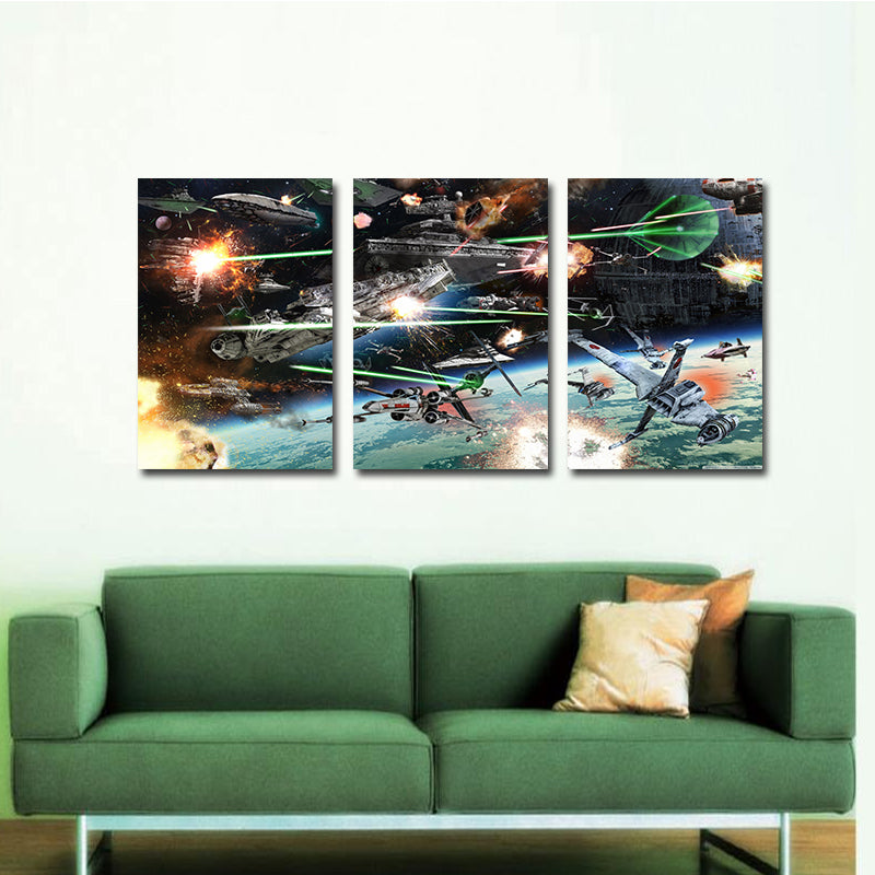 Miico Hand Painted Three Combination Decorative Paintings Spaceship war Wall Art For Home Decoration