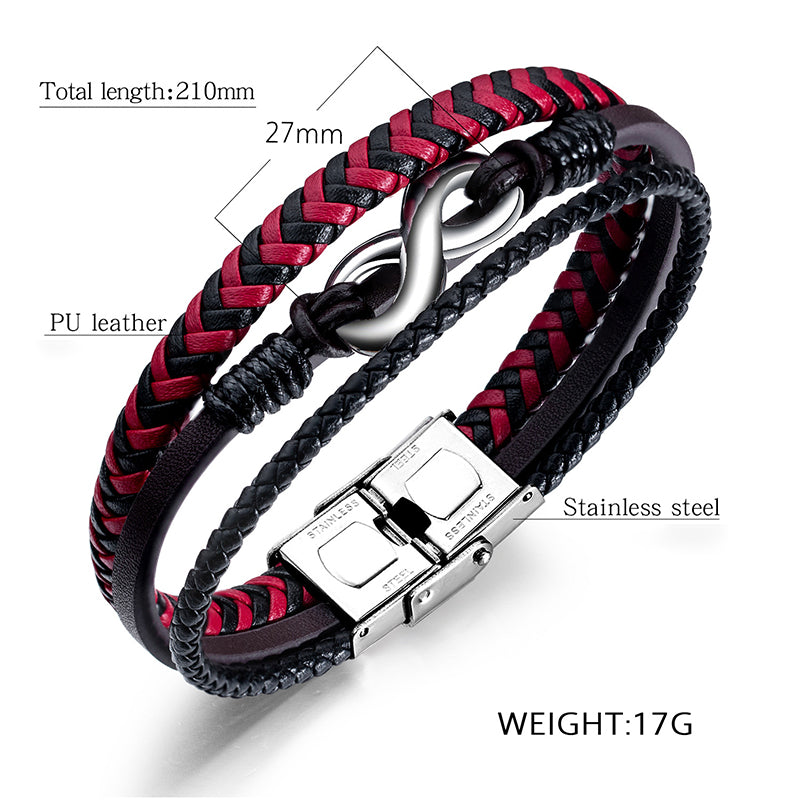 Leather Woven Titanium Steel Red And Black Color Leather Male Bracelet