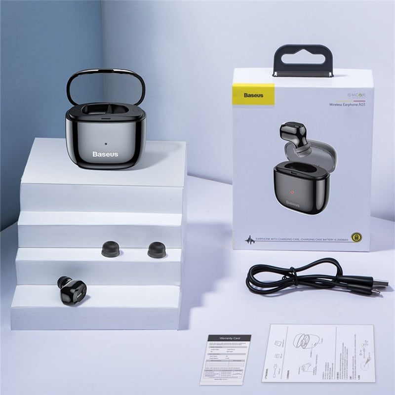 Baseus A03 Wireless bluetooth 5.0 Earphone Single Mini Invisible HiFi 6D DSP Noise Cancelling Headphone with Mic Charging Box