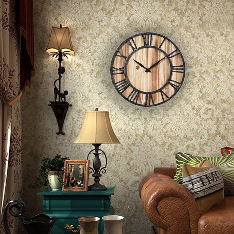 Loskii Creative Round Silent Wooden Wall Clock Decorative Clock for Living Room Home Decorations