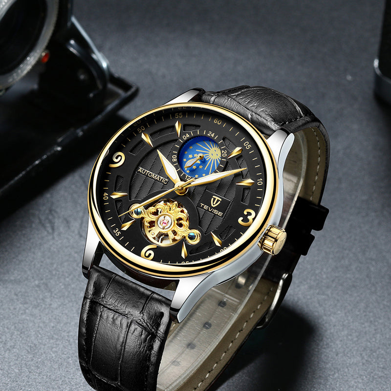 TEVISE T820B Casual Moon Phase Automatic Mechanical Watch Luxury Leather Strap Men Watch
