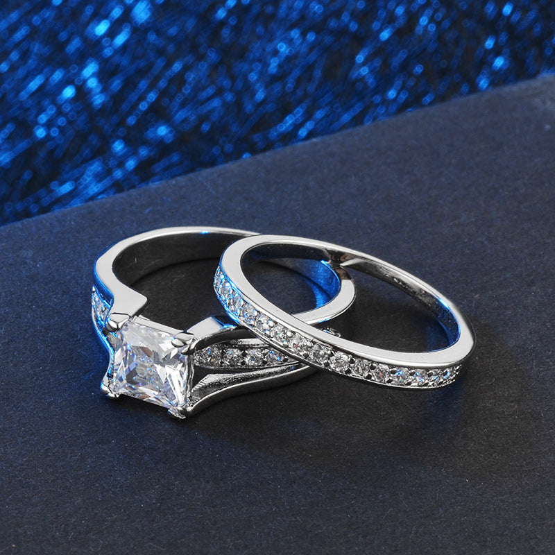 Luxury Geometric Square Diamond Couple Rings High-grade Zircon Ring