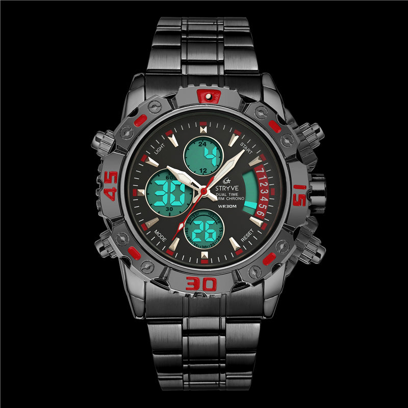 STRYVE S8018 Men Full Steel Waterproof Date Week Chrono Alarm Clock Dual Display Digital Watch