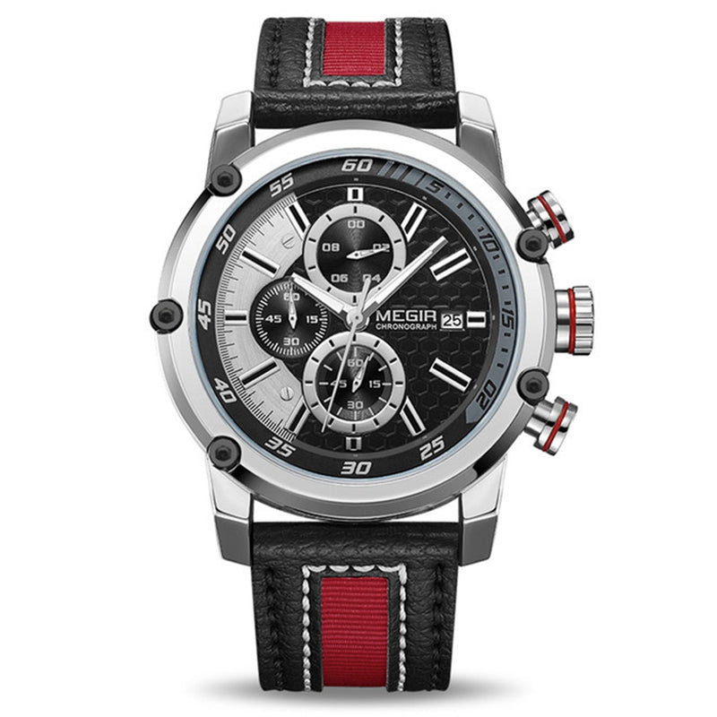 MEGIR 2079 Chronograph Sport Men Watch Date Display Leather Strap Quartz Watches