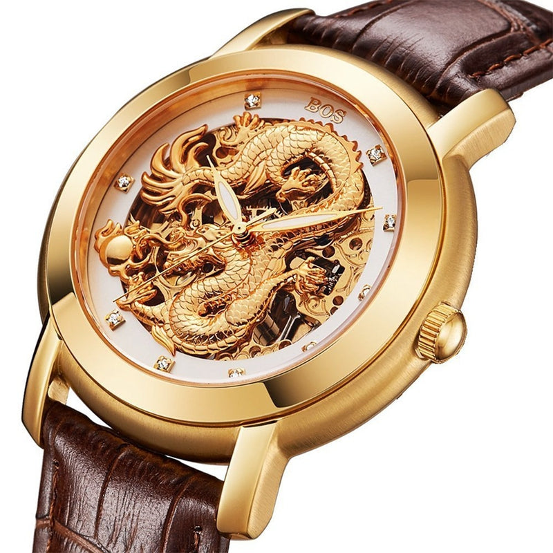 ANGELA BOS 9007 Automatic Mechanical Watches Dragon Collection Leather Strap Men Watch