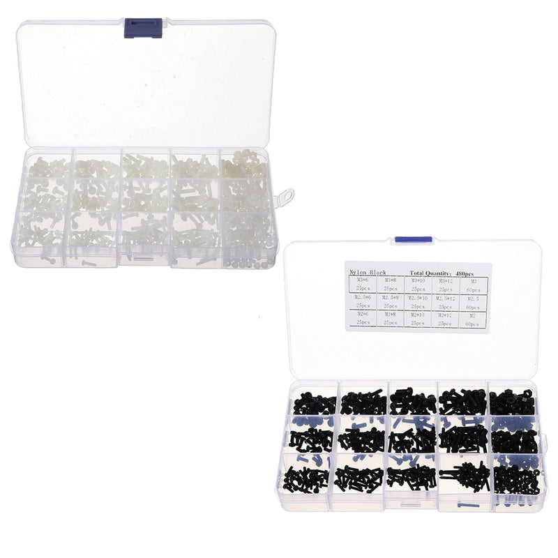 Suleve MXNP3 480pcs White/Black M2/M2.5/M3 Nylon Plastic Phillips Screw Round Head Hex Nut Assortment Kits