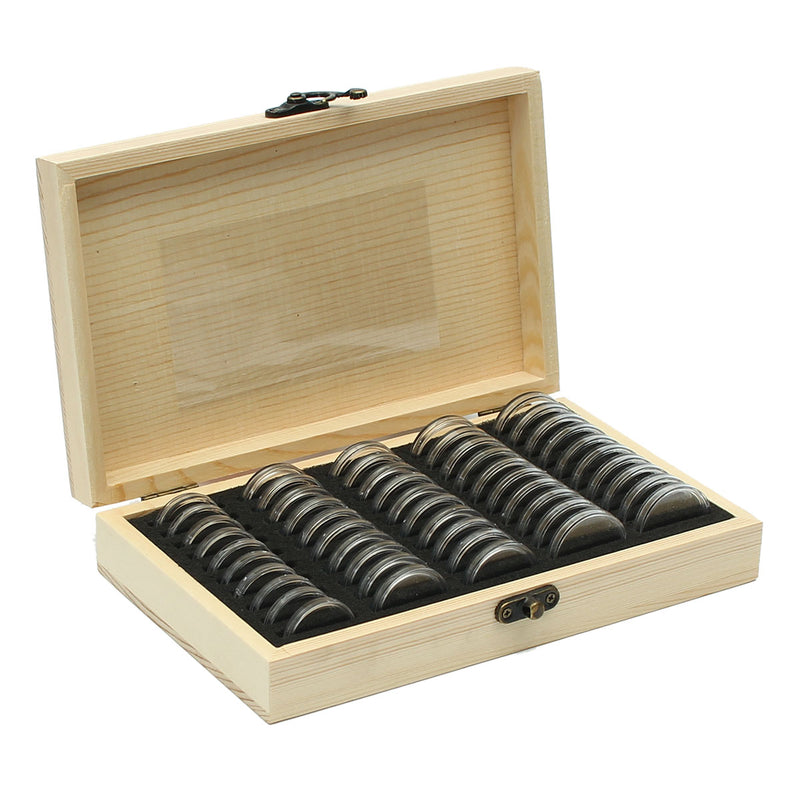Wood Coins Display Storage Box for Slab Certified Coin With 50Pcs Capsules