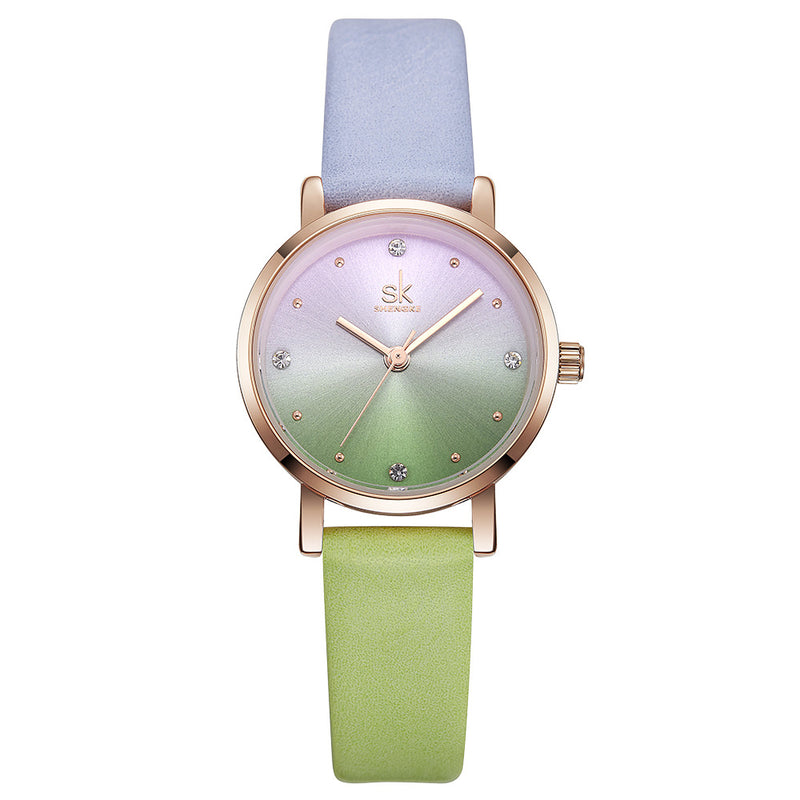 SHENGKE SK K8029 Fashion Color Gradient Leather Strap Luxury Women Crystal Dial Quartz Watch