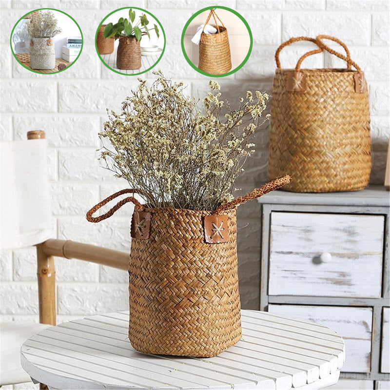 Straw Woven Flower Pot Portable Plant Storage Baskets Flower Vase Handmade Hanging Basket Home Decor