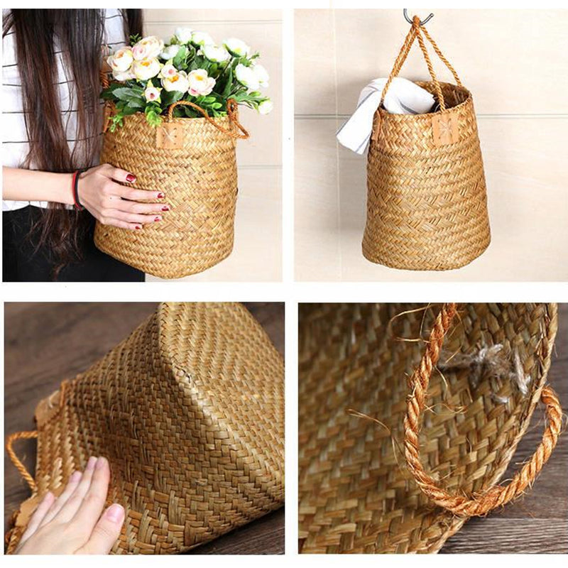 Straw Woven Flower Pot Portable Plant Storage Baskets Flower Vase Handmade Hanging Basket Home Decor