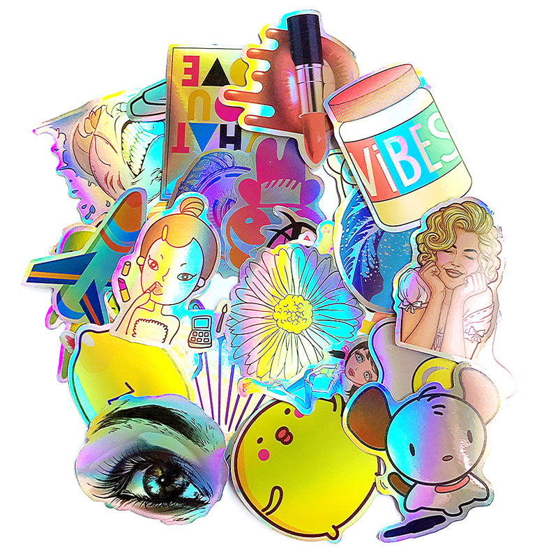 28pcs Cartoon Colourful Reflection DIY Laser Stickers For Suitcase Skateboard Laptop Luggage Sticker