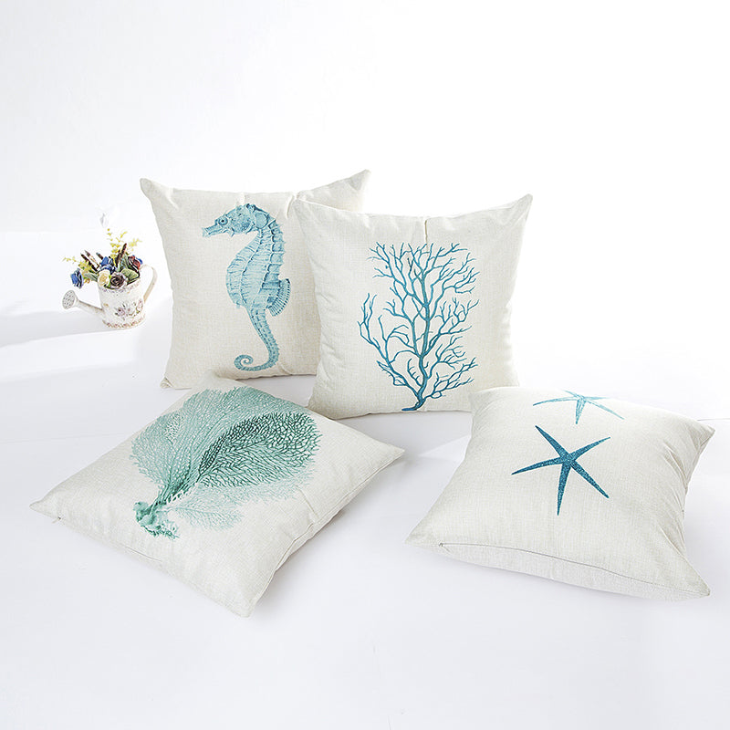 Blue Sea House Starfish Cotton Linen Cushion Cover Square Soft Decorative Pillow Case