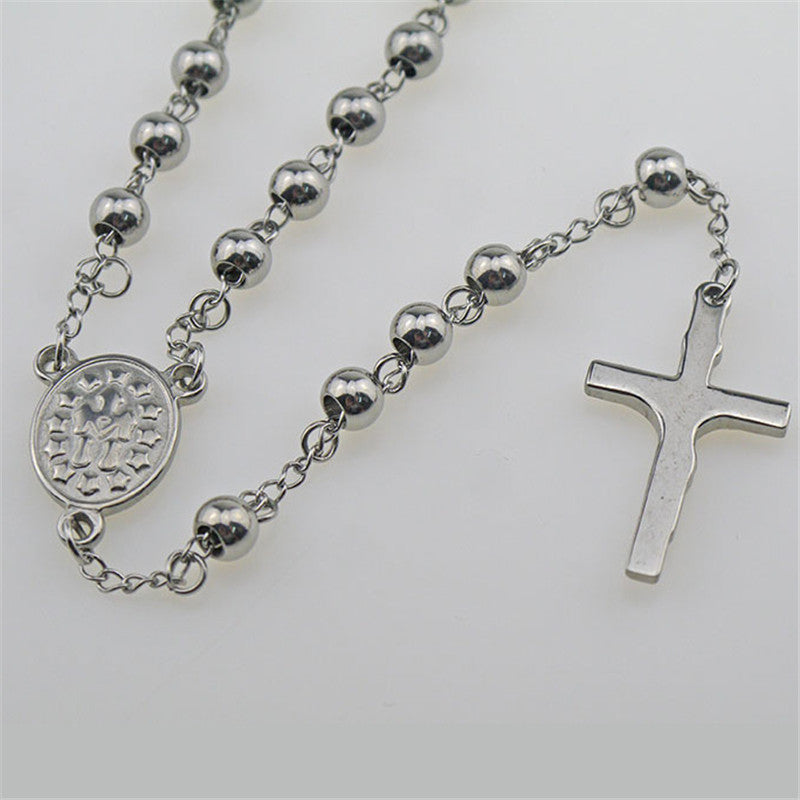 4/5/6/8mm Silver Tone Crossed Pendant Stainless Steel Bead Chain Jesus Christ Rosary Long Necklace Mens Womens Jewelry