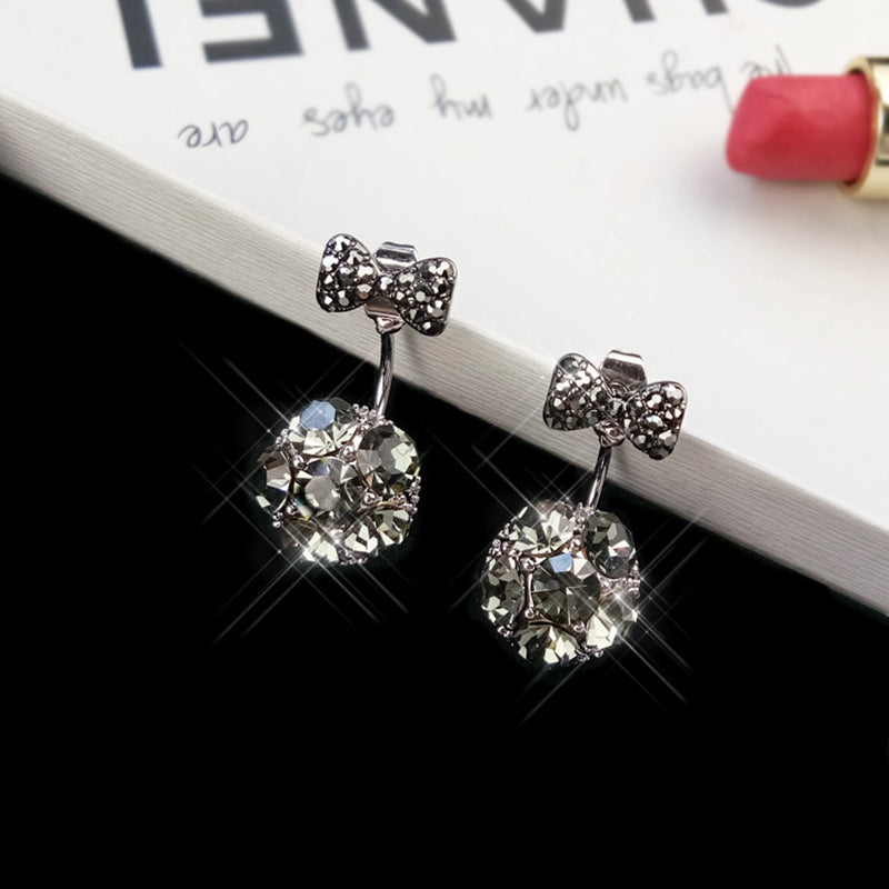 Sweet 925 Sterling Silver Earrings Full Rhinestone Bowknot Ball Stud Earrings for Women