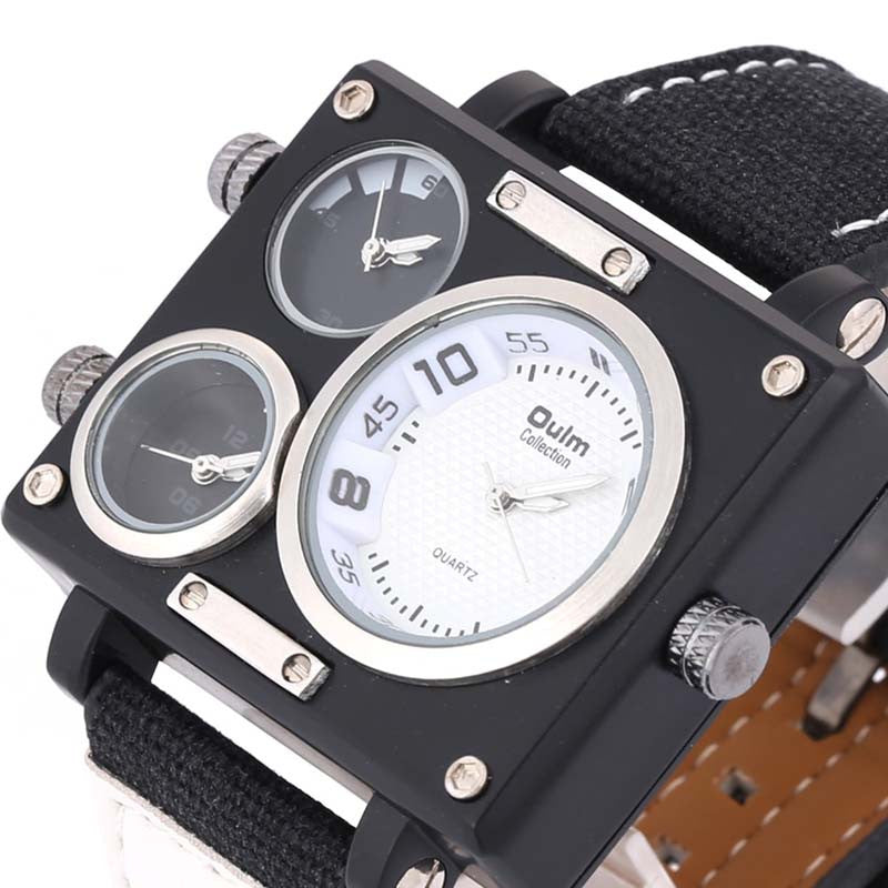 OULM 3595 Men Watch Fashion Three Time Zones Alloy Case Textile Watch Band Quartz Watch
