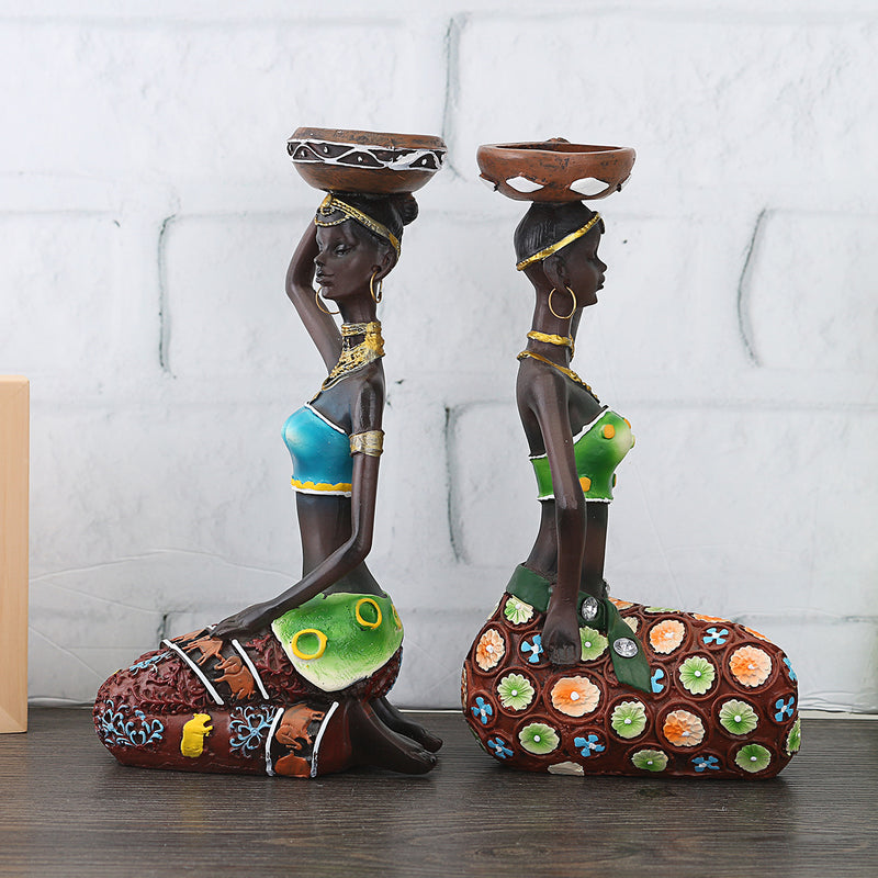 2Pcs Resin Figurine Craft Candlestick African Women Beauty Lady Statue Decorative Hardware