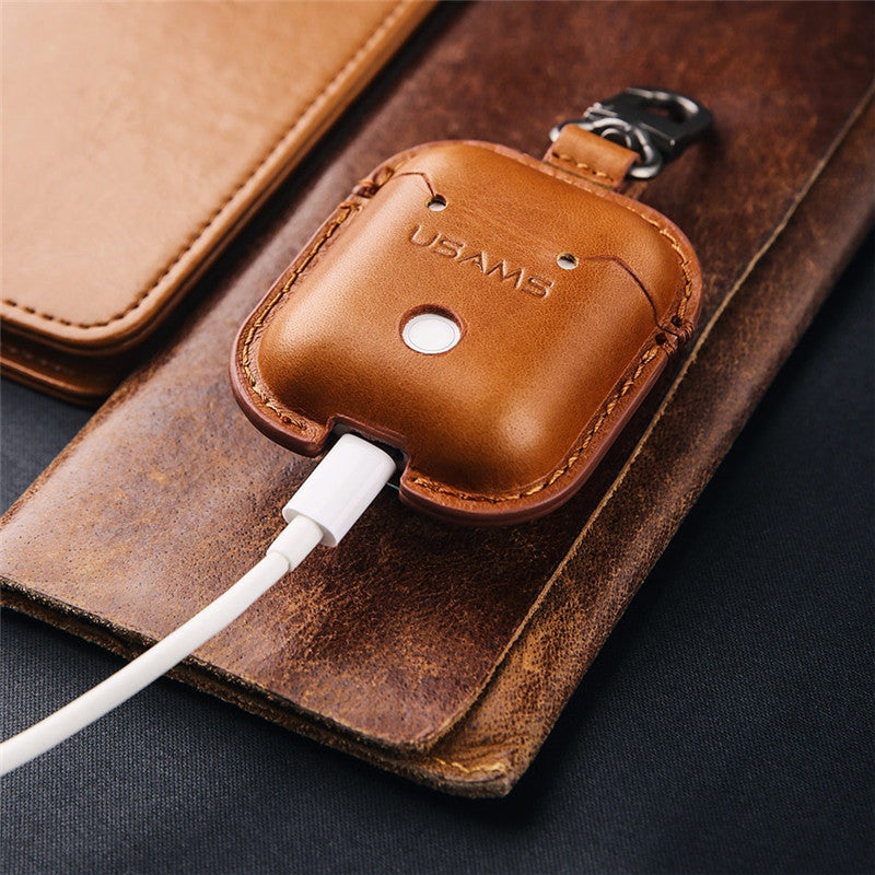 USAMS US-BH475 Earphone Bag Genuine Leather Protective Case Storage Cover for Airpods TWS Earphone