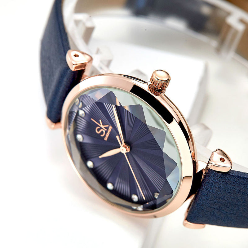 SHENGKE SK K0099 Crystal Radiation Pattern Dial Women Elegant Leather Strap Quartz Watch