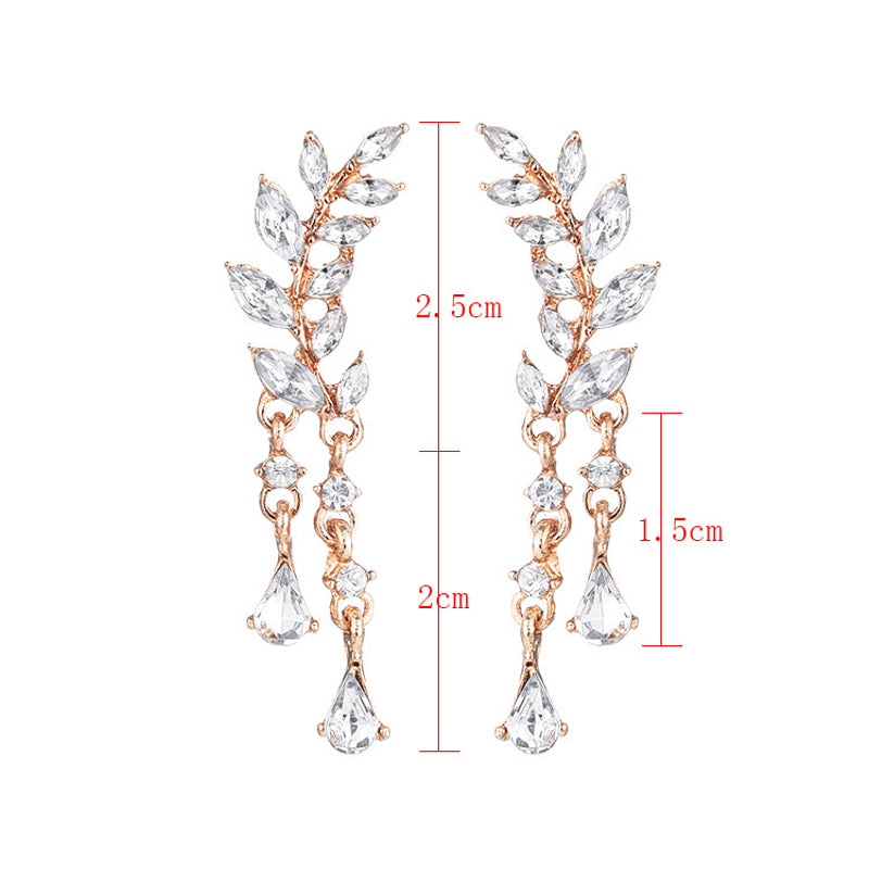 Sweet Leaf Rhinestone Earrings Silver Gold  Piercing Tassel Crytral Earring for Women