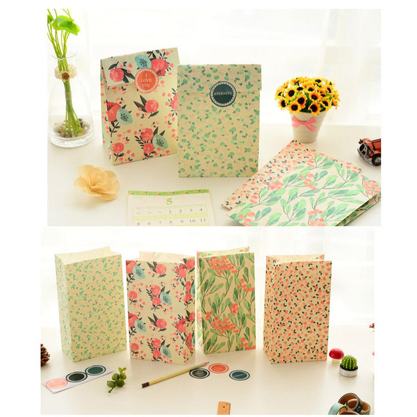 Flowers Art Craft Gift Wrapping Paper Bag Candy Food Gift Bags with Sticker for Christmas Wedding Party