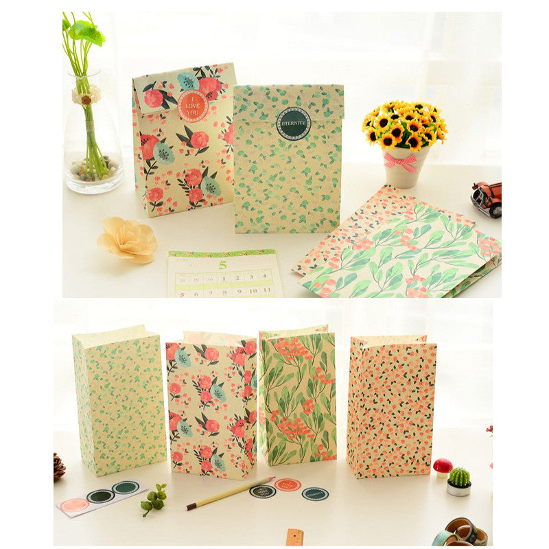 Flowers Art Craft Gift Wrapping Paper Bag Candy Food Gift Bags with Sticker for Christmas Wedding Party