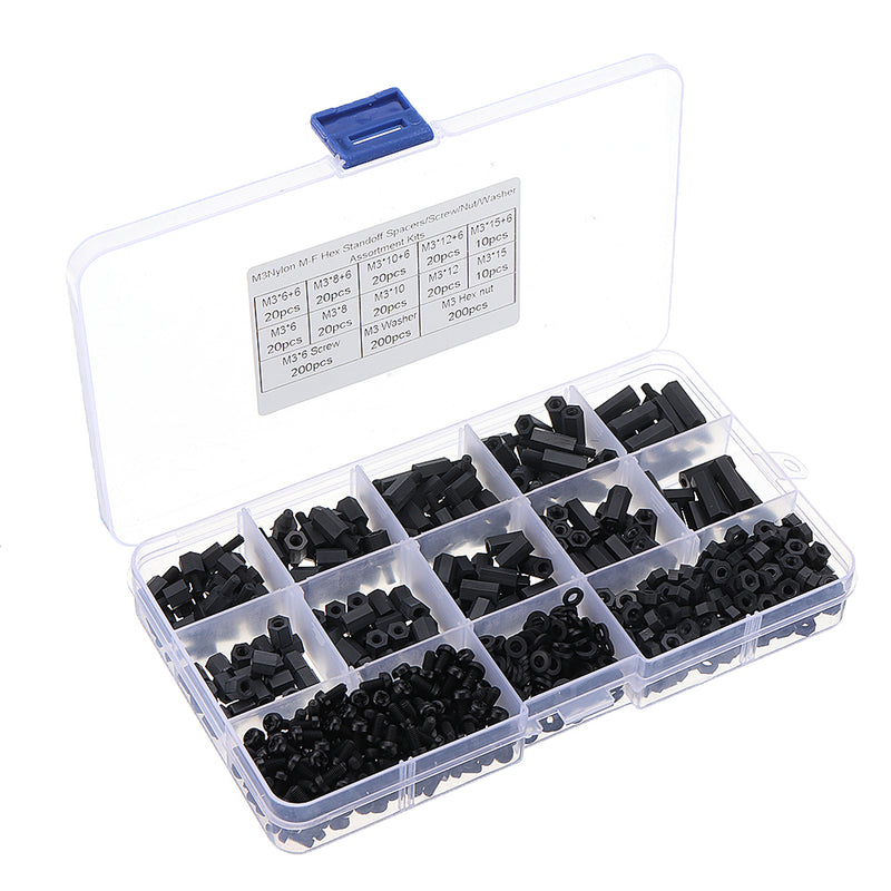 Suleve M3NH16 780Pcs M3 Nylon Screw Black Hex Screw Nut Nylon PCB Standoff Assortment Kit