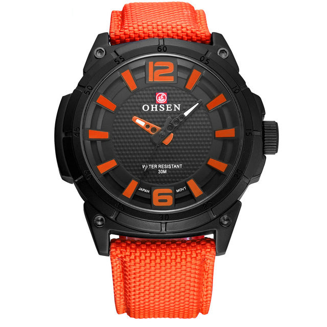 OHSEN TX2905 Canvas Leather Strap 30M Waterproof Sports Outdoor Men Watch Quartz Watch
