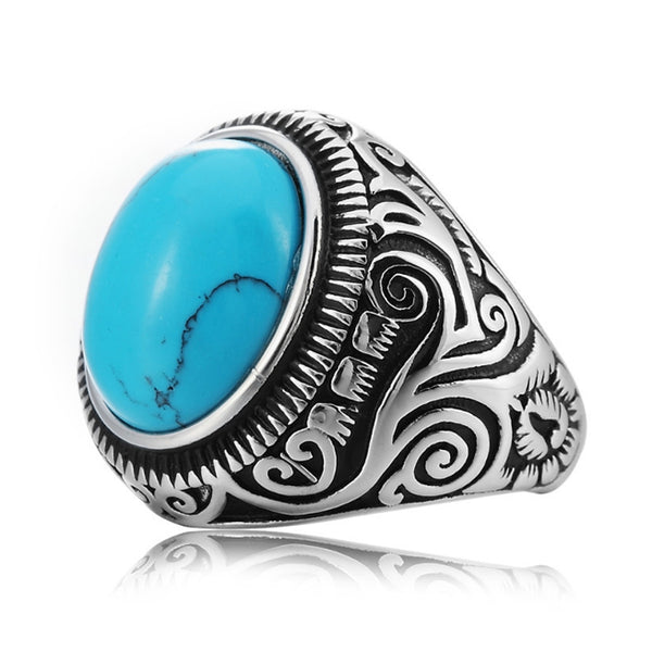 REZEX Vintage Pattern Blue Black Turquoise Finger Rings Gem Titanium Steel Men's Ring