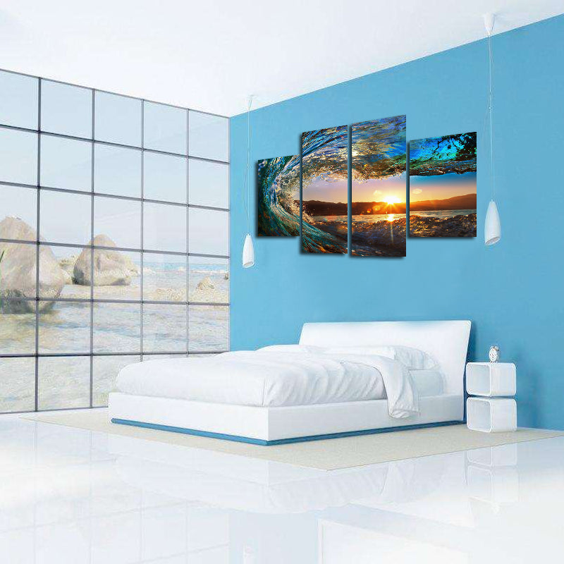 Miico Hand Painted Four Combination Decorative Paintings Wave Sunset Wall Art For Home Decoration