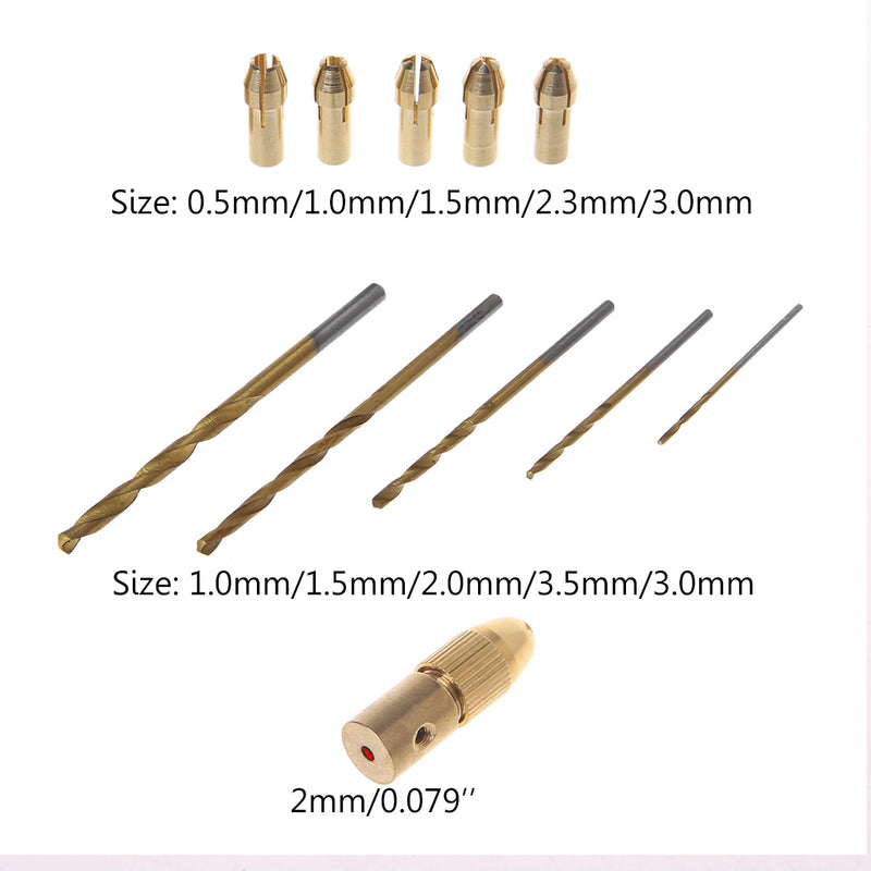 12pcs 0.5-3mm Small Electric Drill Bit Chuck Collet with Micro Twist Drill Set and Allen wrench