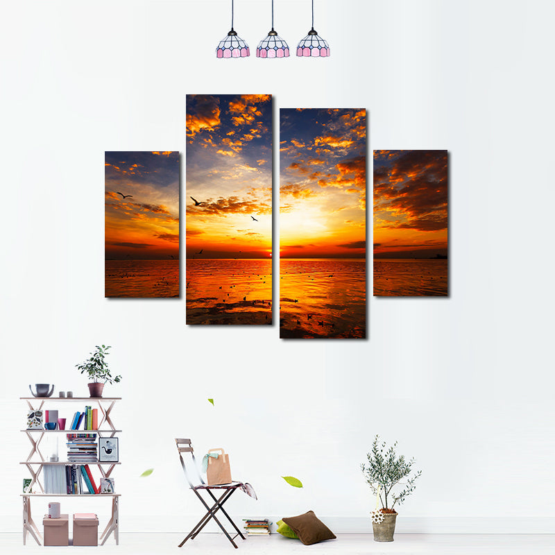 Miico Hand Painted Four Combination Decorative Paintings Sea Sunset Wall Art For Home Decoration