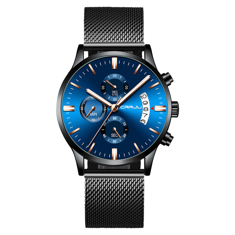 CRRJU 2273 Men Fashion Blue Dial Full Mesh Steel Strap Sport Clock Waterproof Quartz Watch