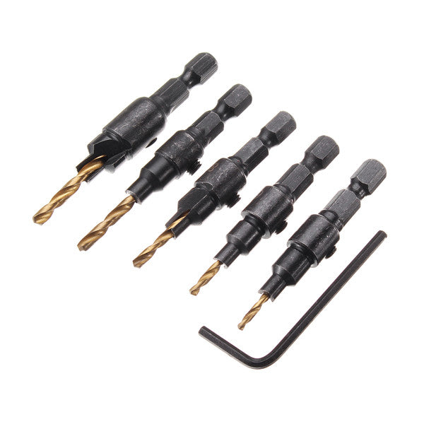 5pcs HSS 5/6/8/10/12 Countersink Chamfer Drill Bit Set Pilot Hole Woodworking Tool